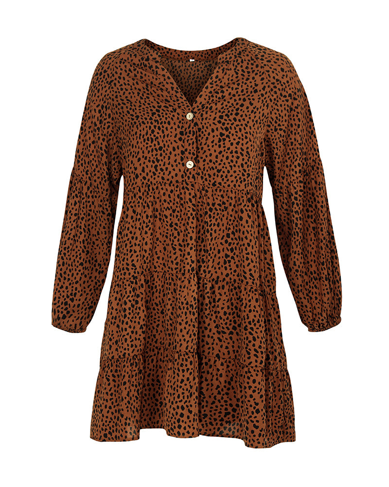 Leopard Print V-Neck Long-Sleeved Dress