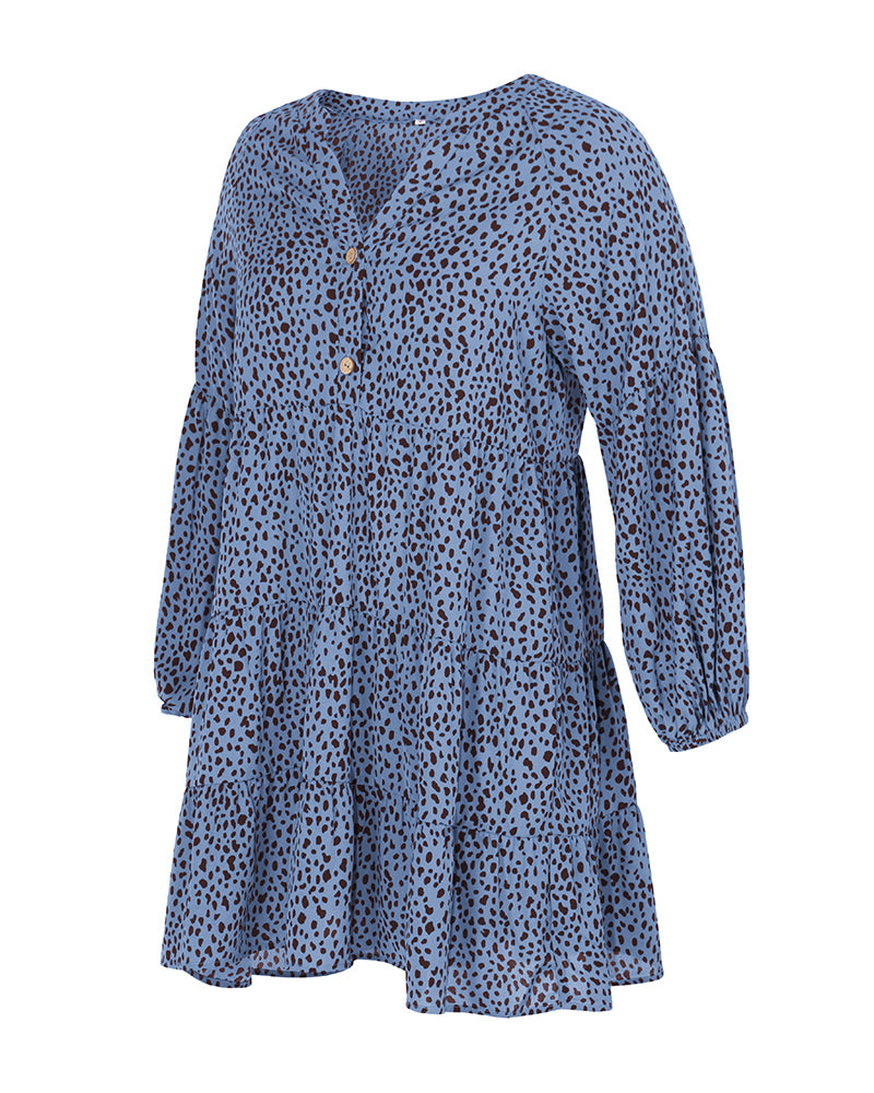 Leopard Print V-Neck Long-Sleeved Dress