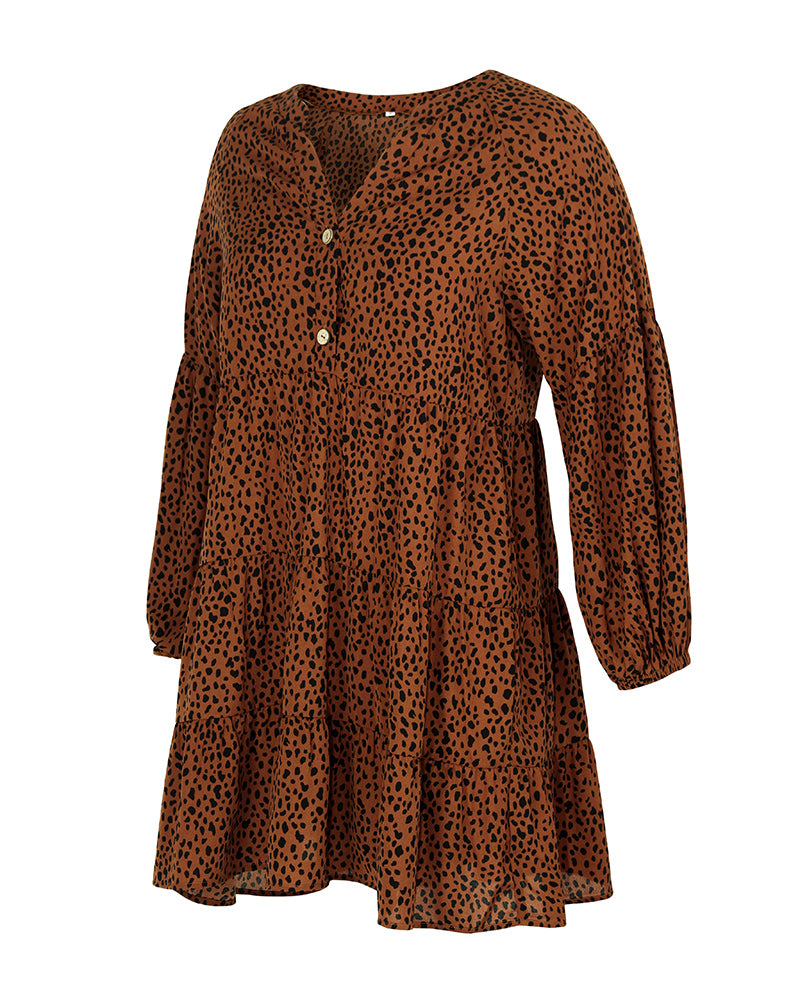 Leopard Print V-Neck Long-Sleeved Dress