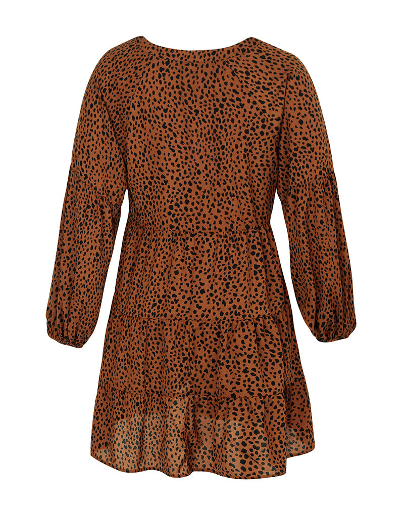 Leopard Print V-Neck Long-Sleeved Dress
