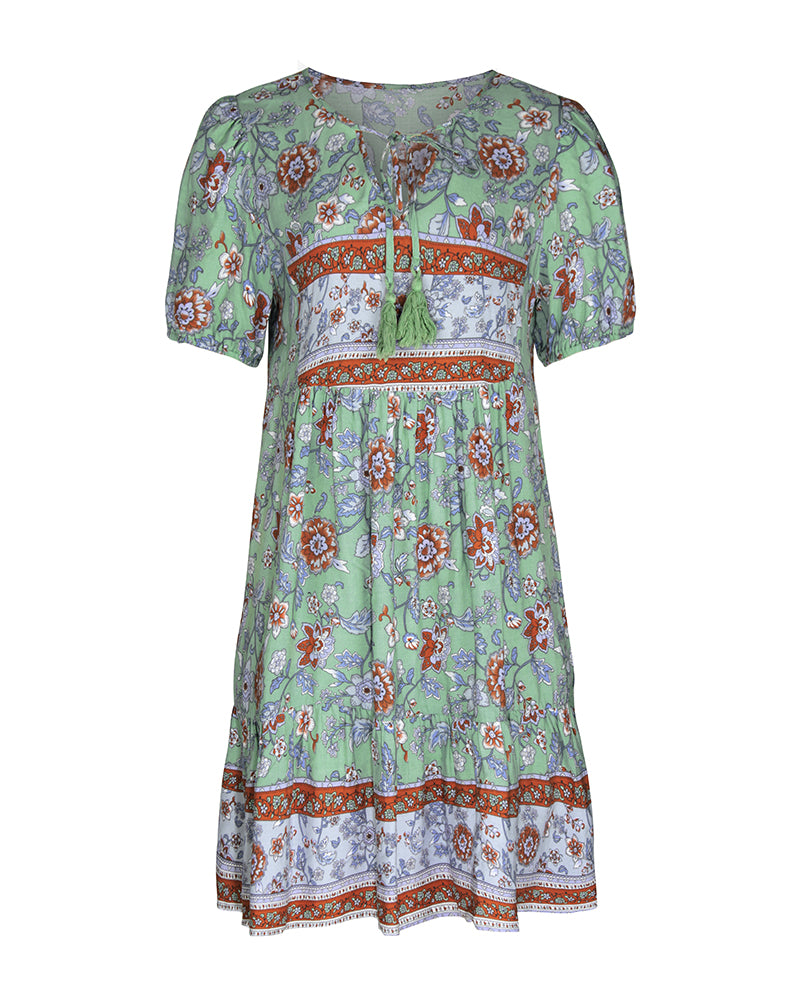 Floral Print Tie Neck Puff Sleeve Ruffle Hem Smock Dress