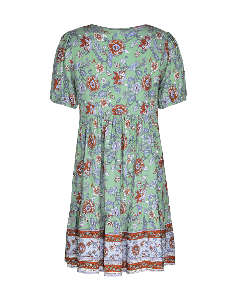 Floral Print Tie Neck Puff Sleeve Ruffle Hem Smock Dress