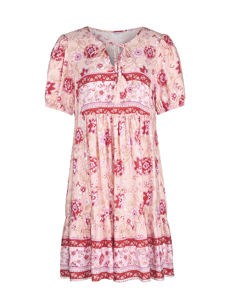 Floral Print Tie Neck Puff Sleeve Ruffle Hem Smock Dress