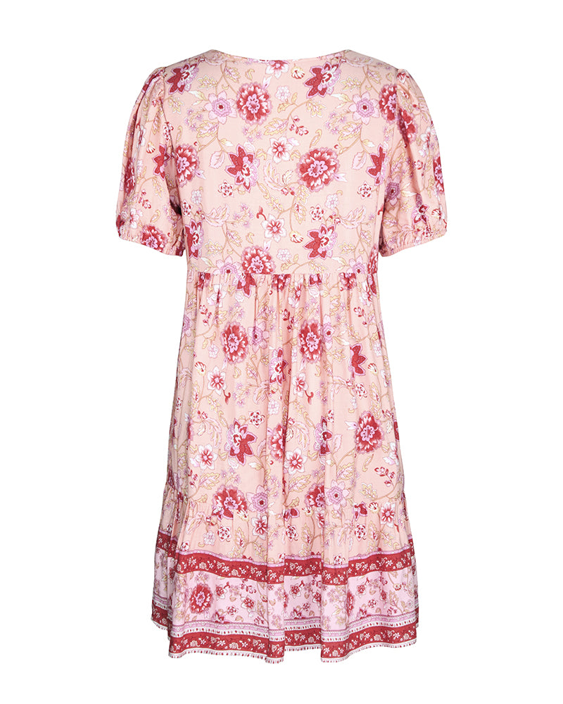 Floral Print Tie Neck Puff Sleeve Ruffle Hem Smock Dress