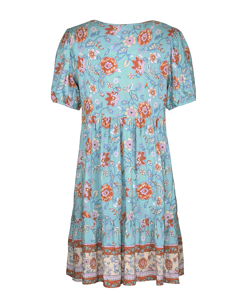 Floral Print Tie Neck Puff Sleeve Ruffle Hem Smock Dress