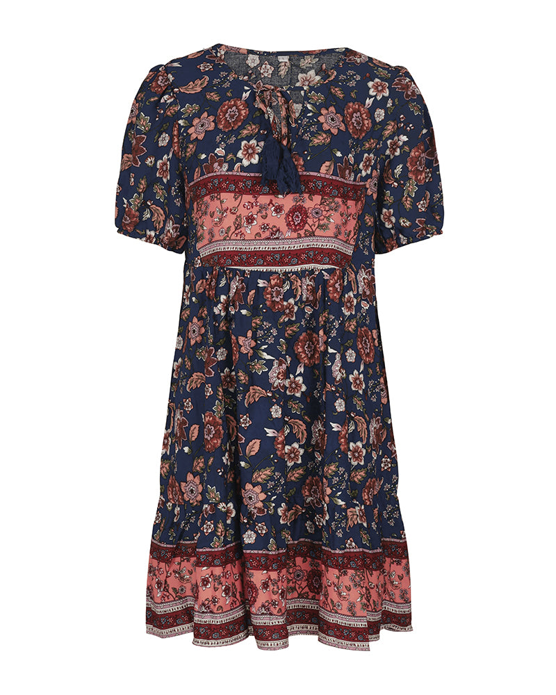 Floral Print Tie Neck Puff Sleeve Ruffle Hem Smock Dress
