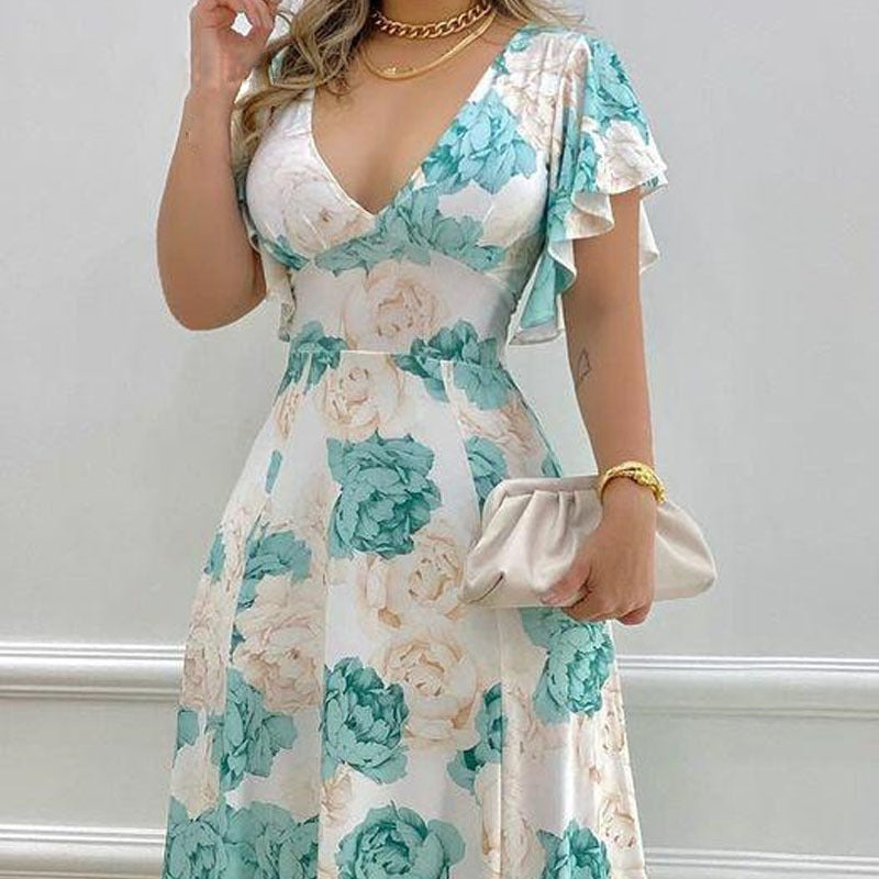 Elegant V Neck Floral Pattern Butterfly Dress
