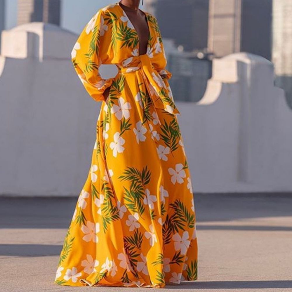 Floral Print Deep V Neck Batwing Sleeve Dress