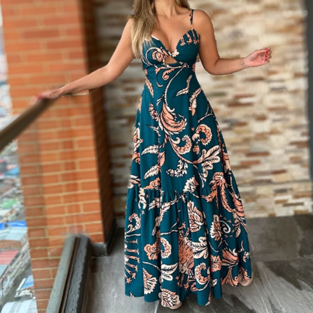 Halter Neck Tropical Print Backless Dress