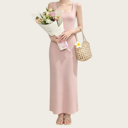 Blush Pink Square Neck Back Cutout Knit Midi Dress – Timeless French Romantic Staple