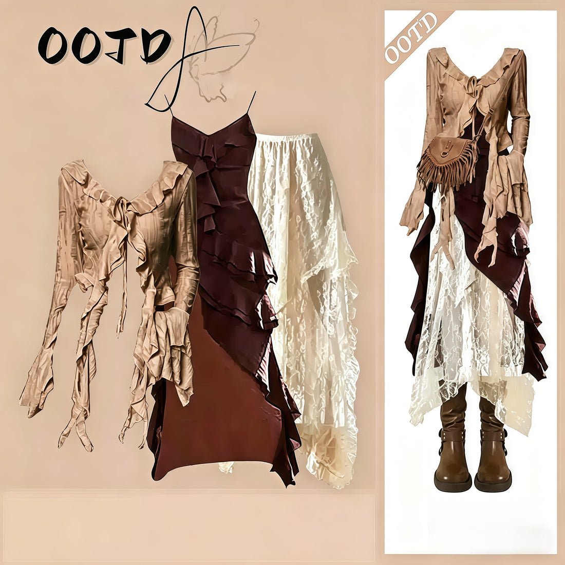 Vintage Grunge Layered Set: Wasteland Aesthetic Ruffle Top, Slip Dress & Lace Skirt