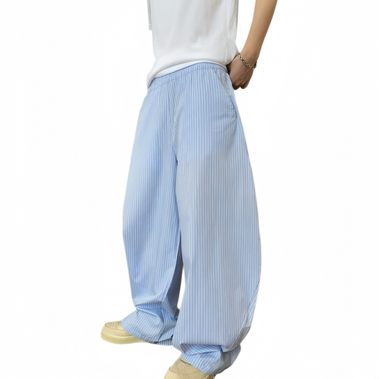 Summer Wardrobe Essential: Blue Vertical Striped Barrel Pants for Men