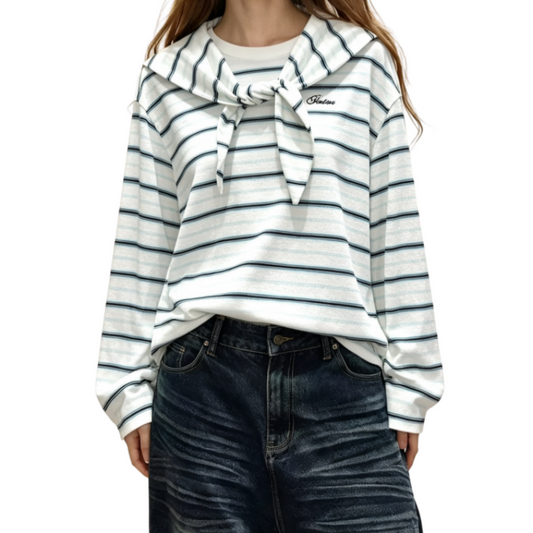 Light Blue Striped Tie-Shawl Collar Long Sleeve Tee