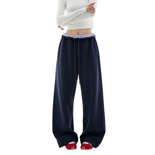 Ink Blue Contrast Waist Fake Two-Piece Drawstring Pants