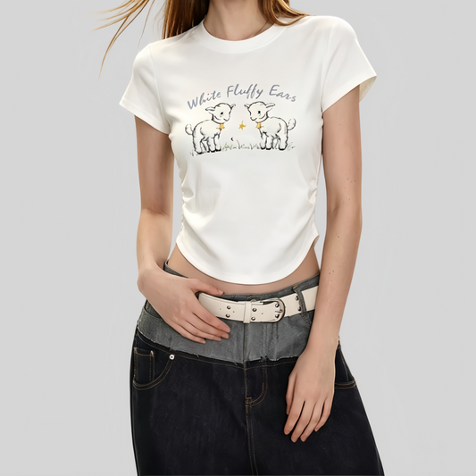 Cute Lamb Print Ruched Crop Tee: Your Go-To Summer Casual Top