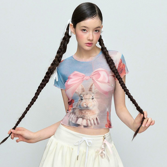 Easter Bow Bunny T-shirt Y2K Mesh Exposed Navel Short Sleeve🎀🐰