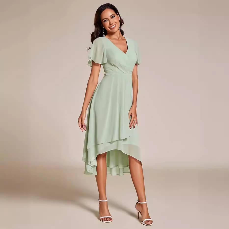 Solid Color V-Neck Ruffle Mid-Length Dress