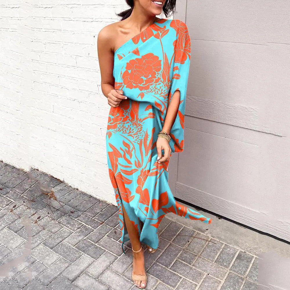 One Shoulder Maxi Dresses for Women 2025 Vacation Print Asymmetrical Flowy Boho Beach Wedding Guest Dresses