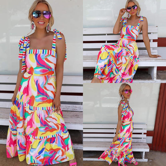 Colorful Casual Summer Dress for Women 2025 Vacation Sling Square - Neck Beach Dress