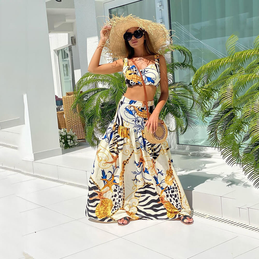 Sexy Temperament Halter Print Beach Dress Set