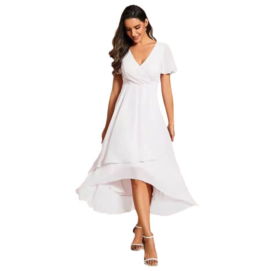 Solid Color V-Neck Ruffle Mid-Length Dress