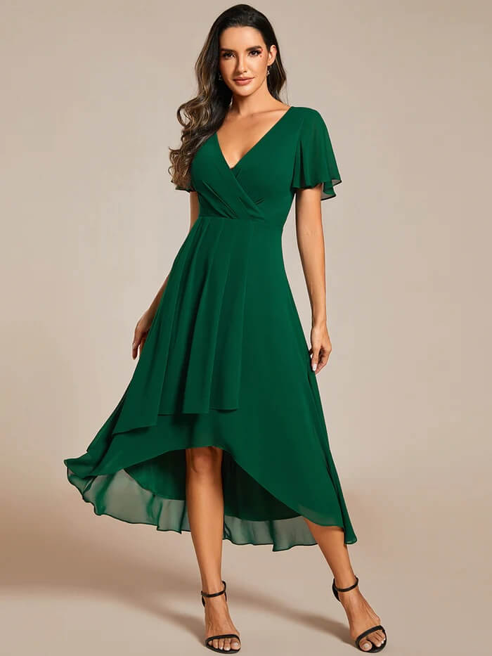 Solid Color V-Neck Ruffle Mid-Length Dress