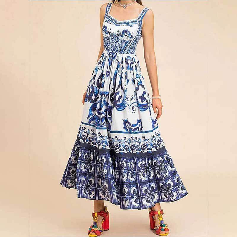 Bohemian Style Mid-Length Printed Halter Dress