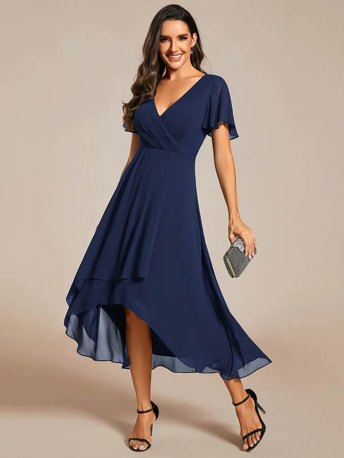 Solid Color V-Neck Ruffle Mid-Length Dress