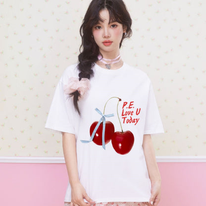 Women's Graphic Tee - Short Sleeve Cherry Bow Letter Print Round Neck T-Shirt - Summer Dopamine Top - Colorful & Playful Style