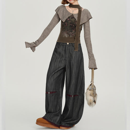 REINAREA Vintage Printed Wide-Collar Long-Sleeve T-Shirt - Y2K-Inspired Stylish Fitted Top