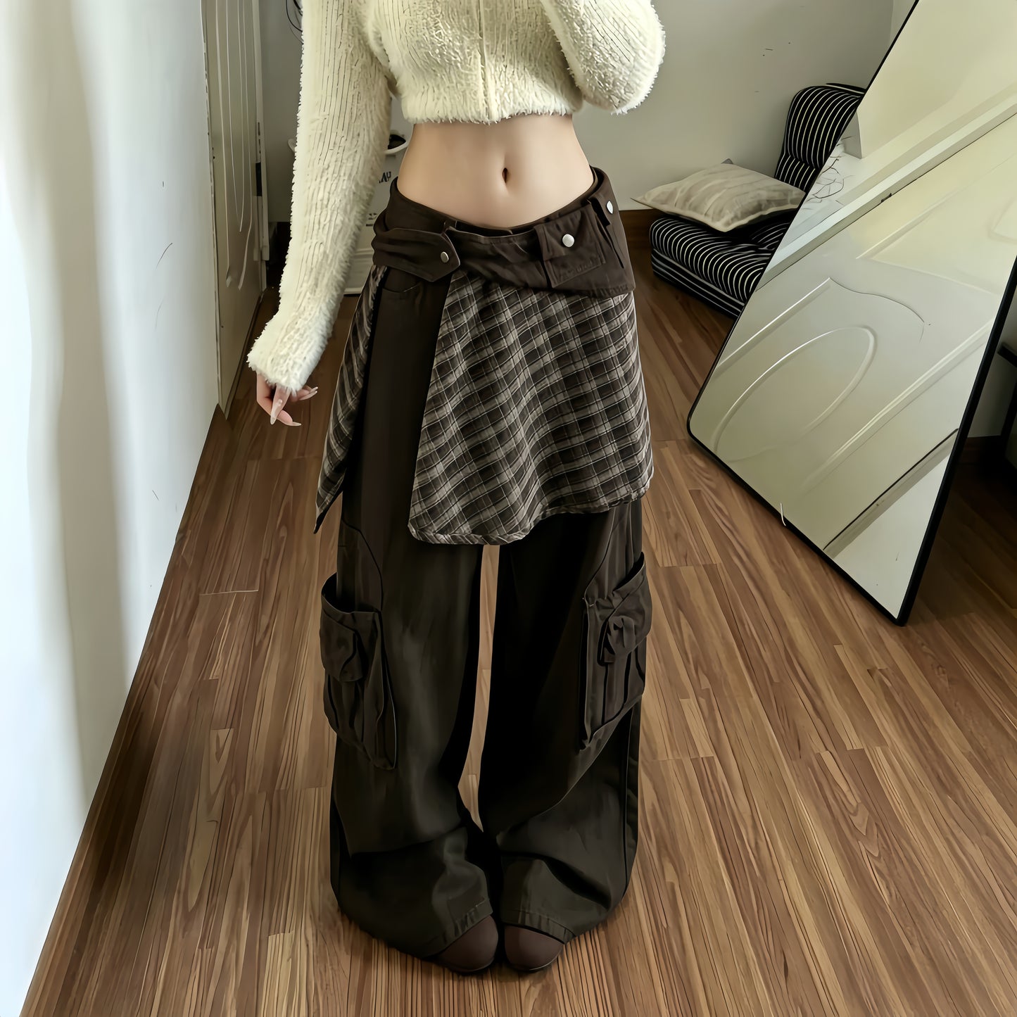 REINAREA | Maillard Cargo Jeans With Butt Cover Panel | Women Baggy Wide Leg Pants | 2026 Spring Coffee Straight Trousers