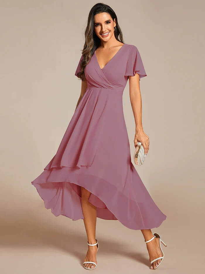 Solid Color V-Neck Ruffle Mid-Length Dress