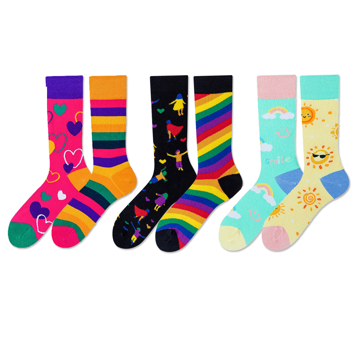 REINAREA Unisex AB Asymmetrical Mismatched Socks - Personalized Cartoon Design Mid-Calf Socks【065】