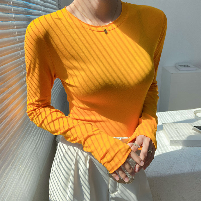 REINAREA Fluorescent Green Crew Neck Long Sleeve T-Shirt for Women UV Protection Sheer Layering Top【101】