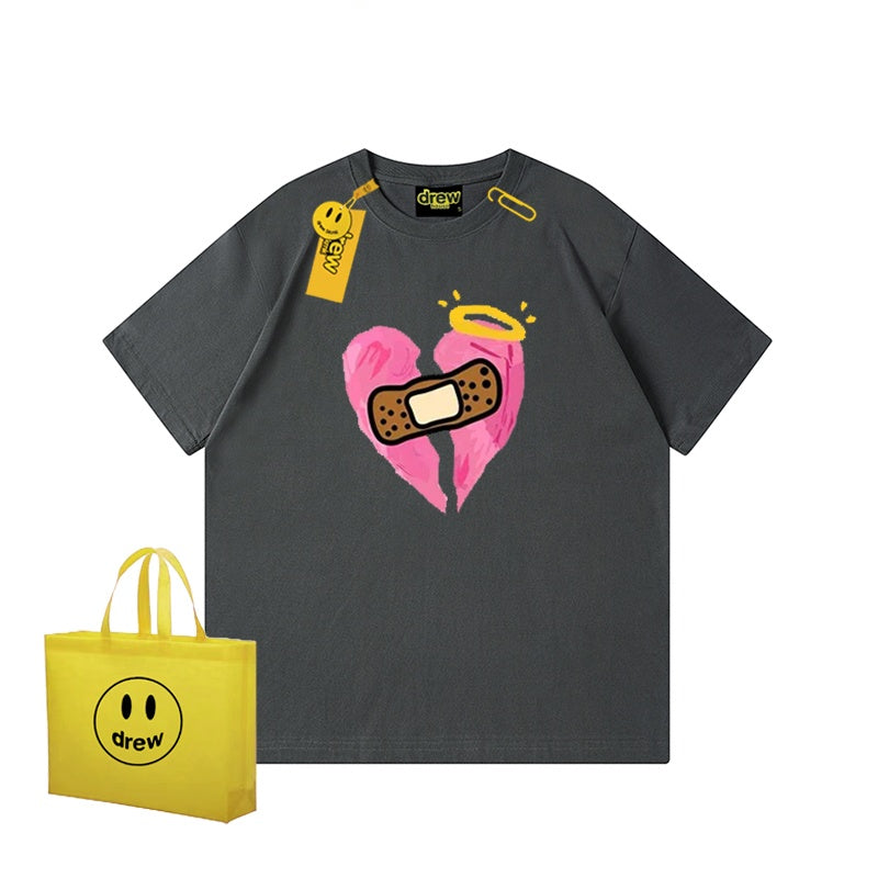 REINAREA Unisex Heart Print Short-Sleeve T-Shirt - Street Trendy Loose-Fit 100% Cotton Couple Top【074】