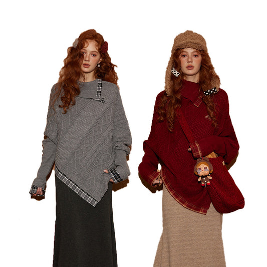 REINAREA Shawl Collar Plaid Panel Batwing Sleeve Loose Sweater