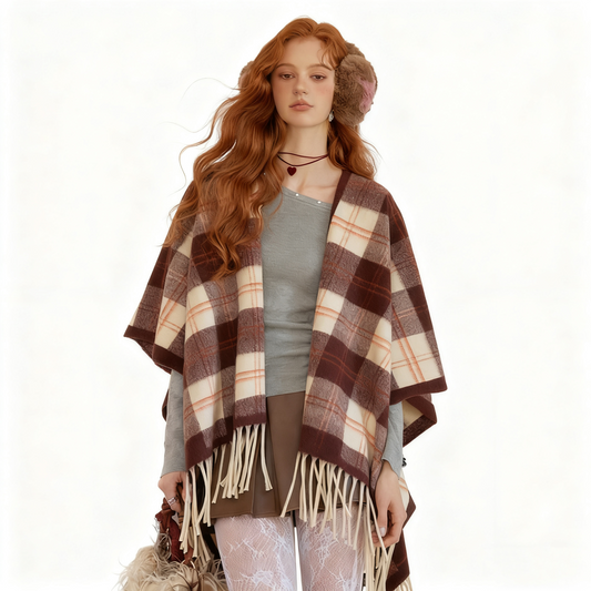 REINAREA Vintage Plaid Fringed Shawl Scarf (Brown & Gray-Blue)