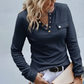 Navy Snap Button Single Pocket Long Sleeve Top