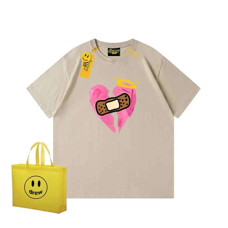 REINAREA Unisex Heart Print Short-Sleeve T-Shirt - Street Trendy Loose-Fit 100% Cotton Couple Top【074】