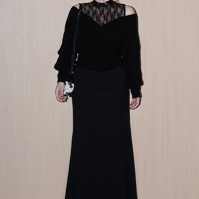 REINAREA Women's Fake Two-Piece Cold Shoulder Top One-Shoulder Patchwork Knit Blouse【111】