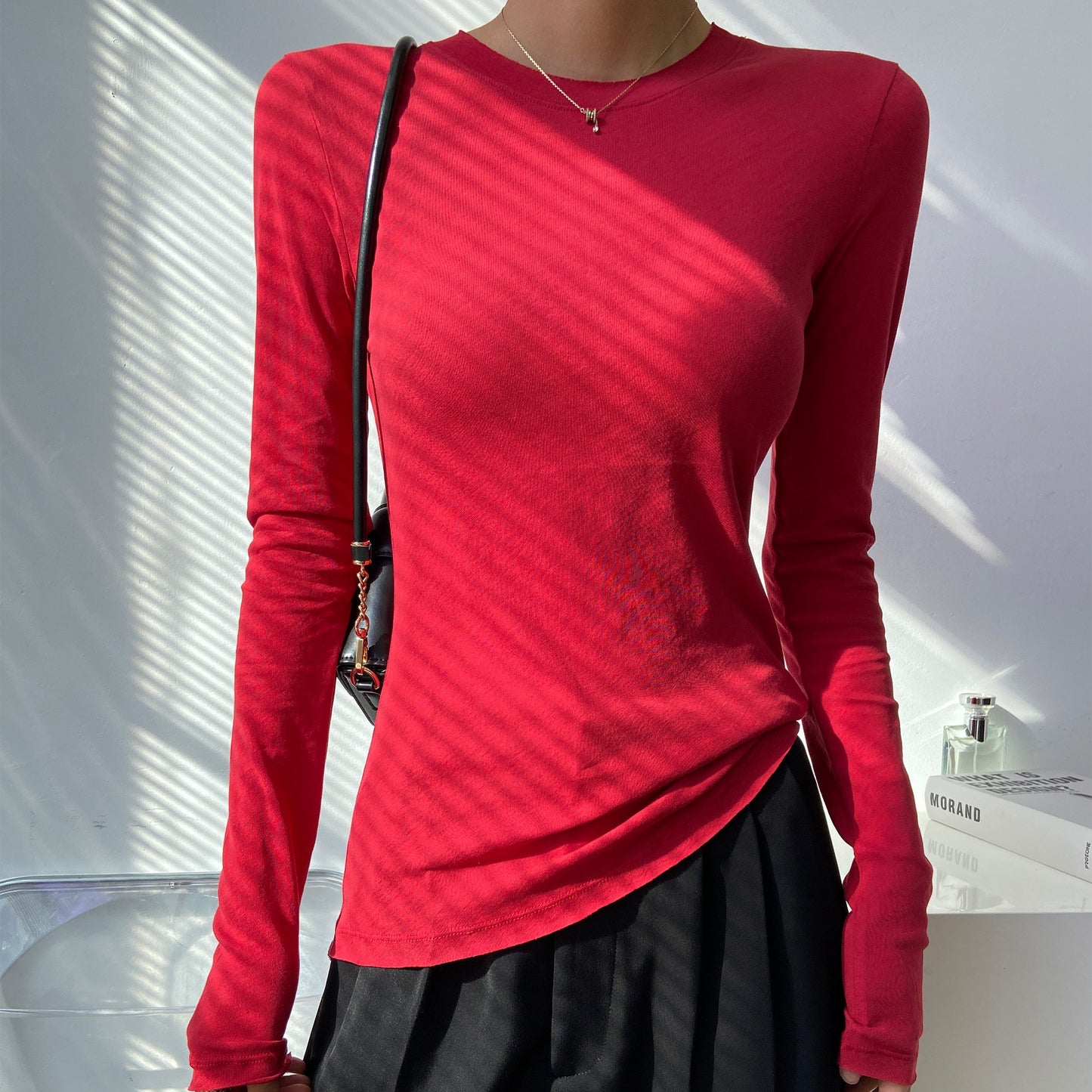 REINAREA Fluorescent Green Crew Neck Long Sleeve T-Shirt for Women UV Protection Sheer Layering Top【101】