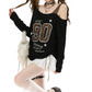 REINAREA New Spring Summer Women Leopard Print Off-Shoulder T-Shirt Long Sleeve Top