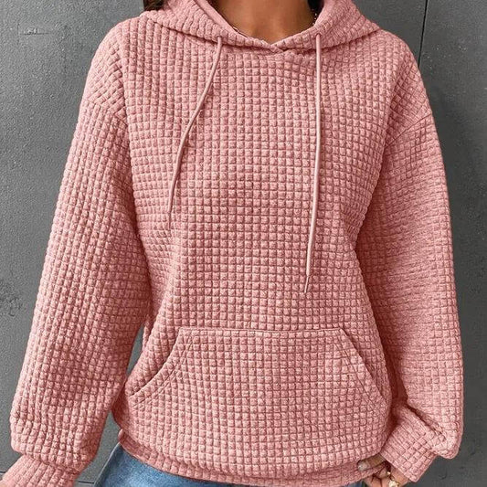 Solid Color Waffle Round Neck Long Sleeve Sweatshirt