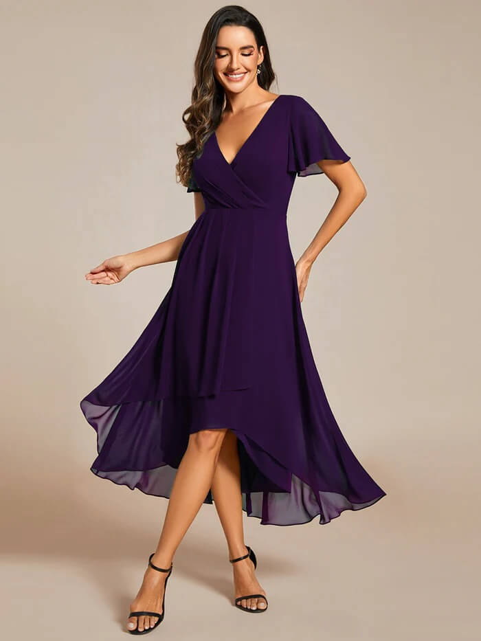 Solid Color V-Neck Ruffle Mid-Length Dress