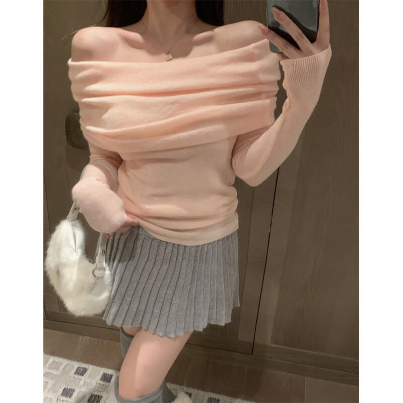 French one-shoulder collarbone-baring soft knit