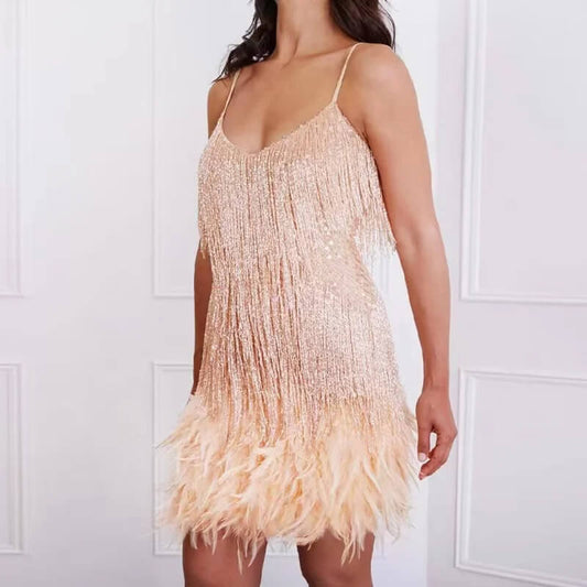 New Sexy Tassel Sequins Feather Mini Dress