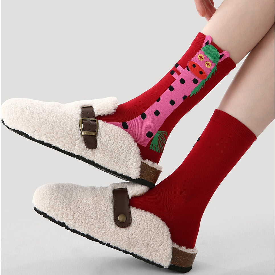 REINAREA New Year, Spring Festival, Christmas & Birthday Red Festive Mid-Calf Socks【063】