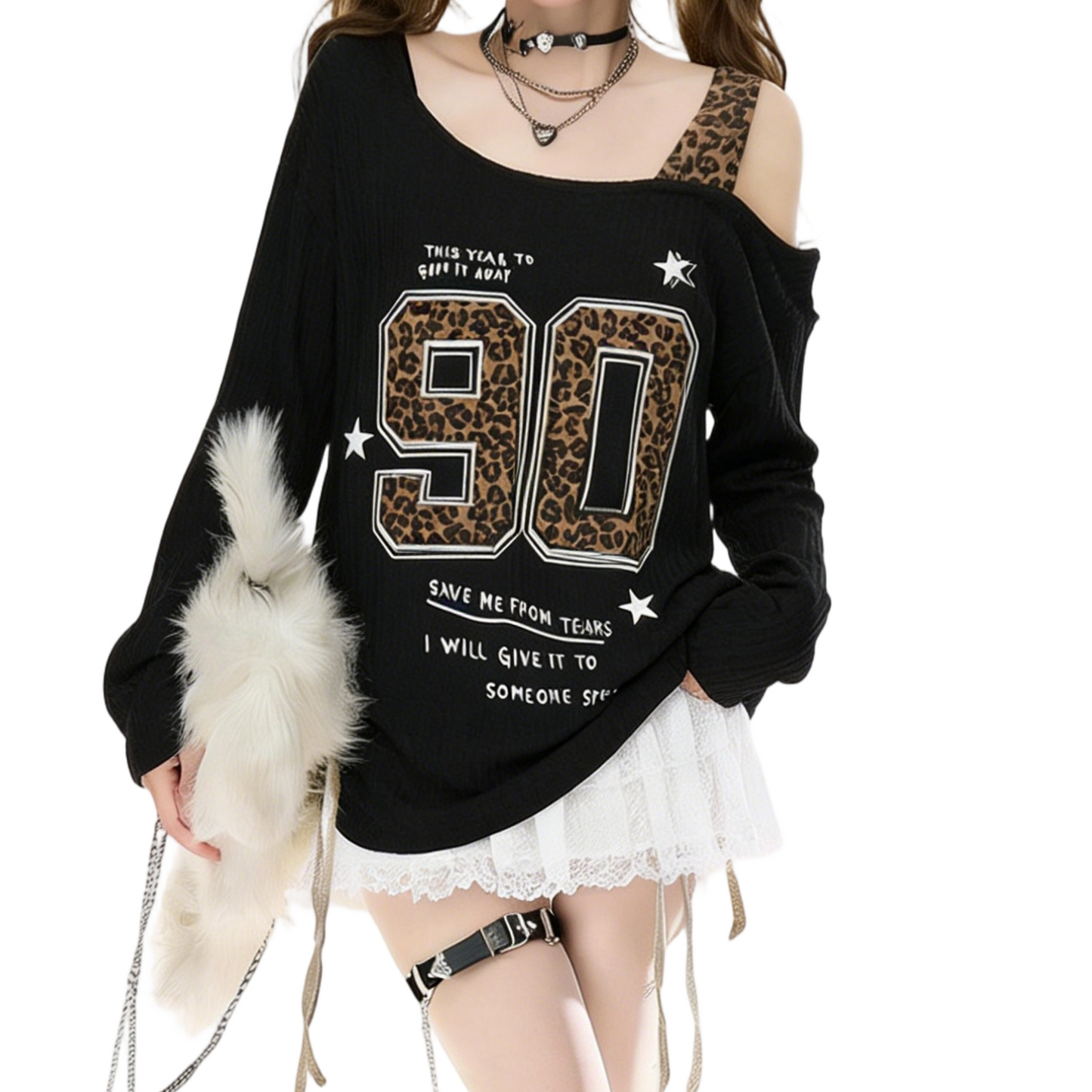 REINAREA New Spring Summer Women Leopard Print Off-Shoulder T-Shirt Long Sleeve Top