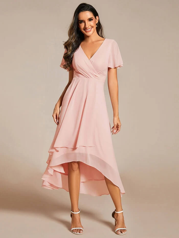 Solid Color V-Neck Ruffle Mid-Length Dress