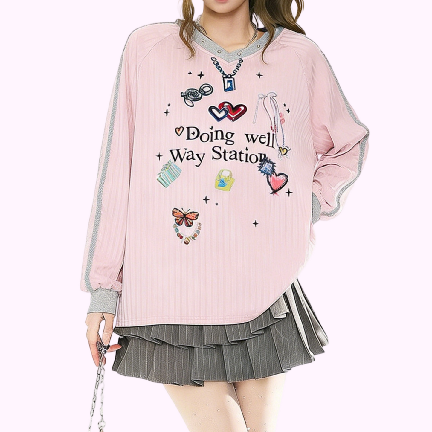 REINAREA New Spring Summer V-neck Printed T-Shirt Women American Style Long Sleeve Top